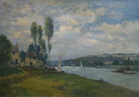 Manner of Eugene Boudin (French 1824-1898), River landscape with boats, farm buildings and poplars, 48 x 68.5cm